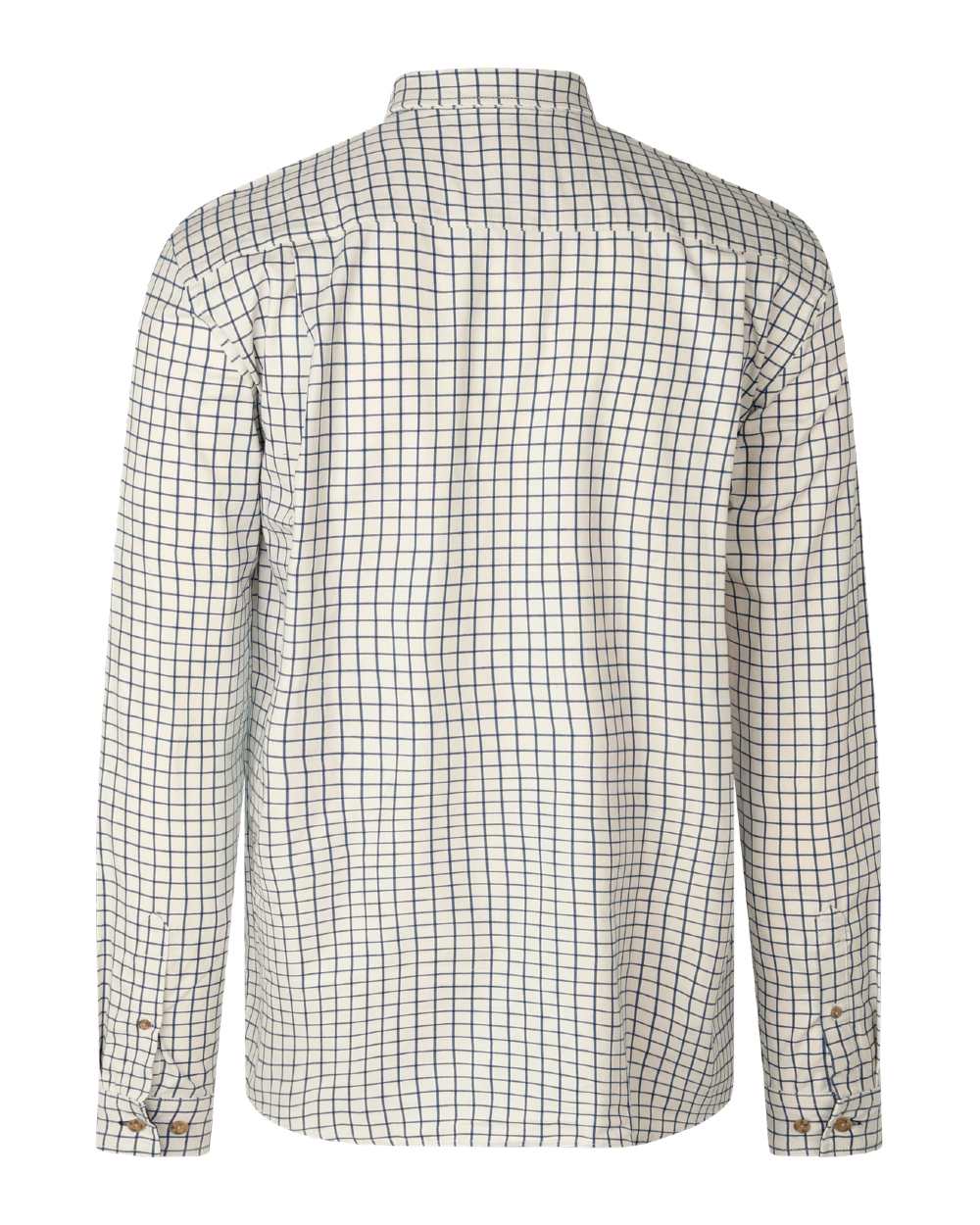 A long-sleeve button-up shirt with a white base and a fine blue windowpane check pattern, shown from the back on a white background. #colour_dark-sapphire-check