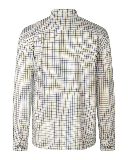 A long-sleeve button-up shirt with a white base and a fine blue windowpane check pattern, shown from the back on a white background. #colour_dark-sapphire-check
