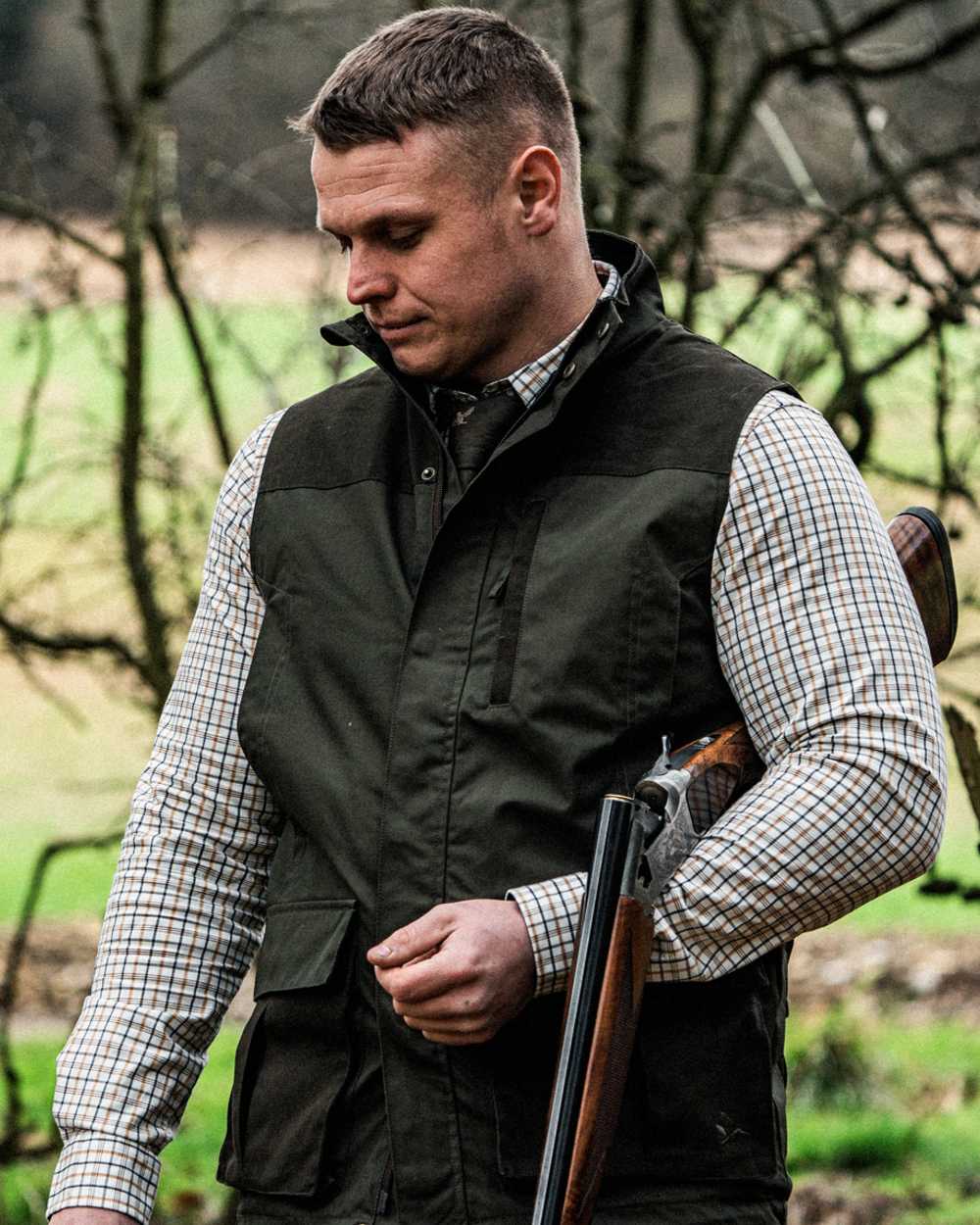 Grape Leaf Terracotta Check Coloured Seeland Oxford Shooting Shirt on outdoor background #colour_grape-leaf-terracotta-check