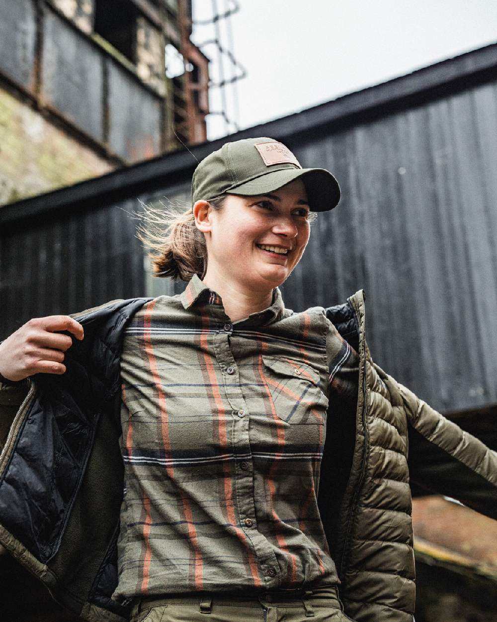 Grape Leaf Terracotta Check Coloured Seeland Skye Flannel Shirt on outdoor background #colour_grape-leaf-terracotta-check