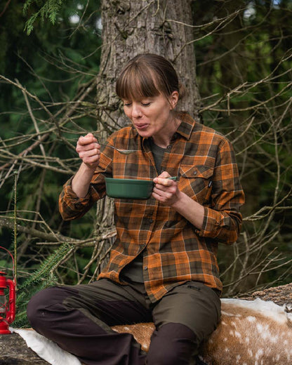 Grizzly Brown Terracotta Check Coloured Seeland Skye Flannel Shirt on outdoor background #colour_grizzly-brown-terracotta-check