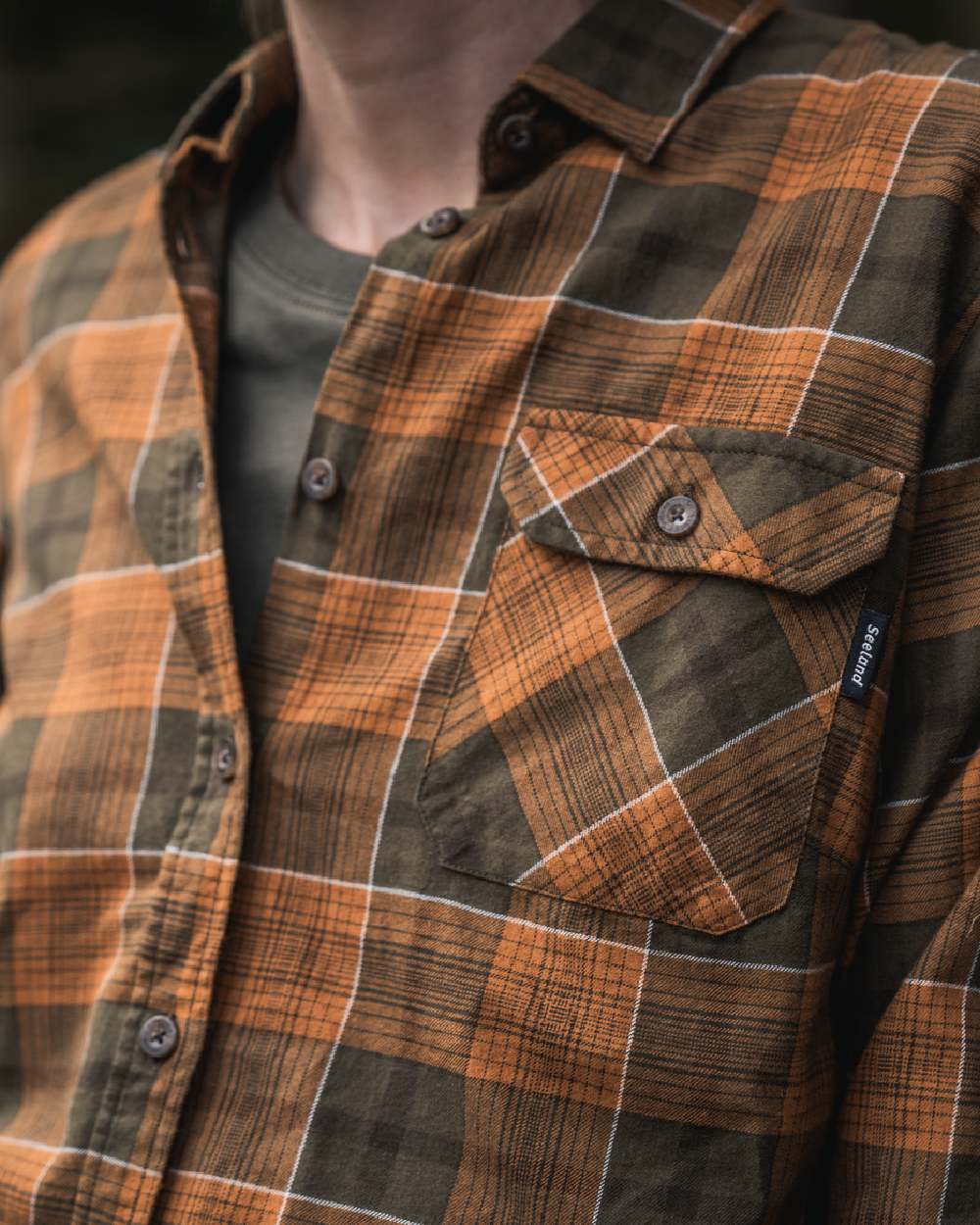 Grizzly Brown Terracotta Check Coloured Seeland Skye Flannel Shirt on outdoor background #colour_grizzly-brown-terracotta-check