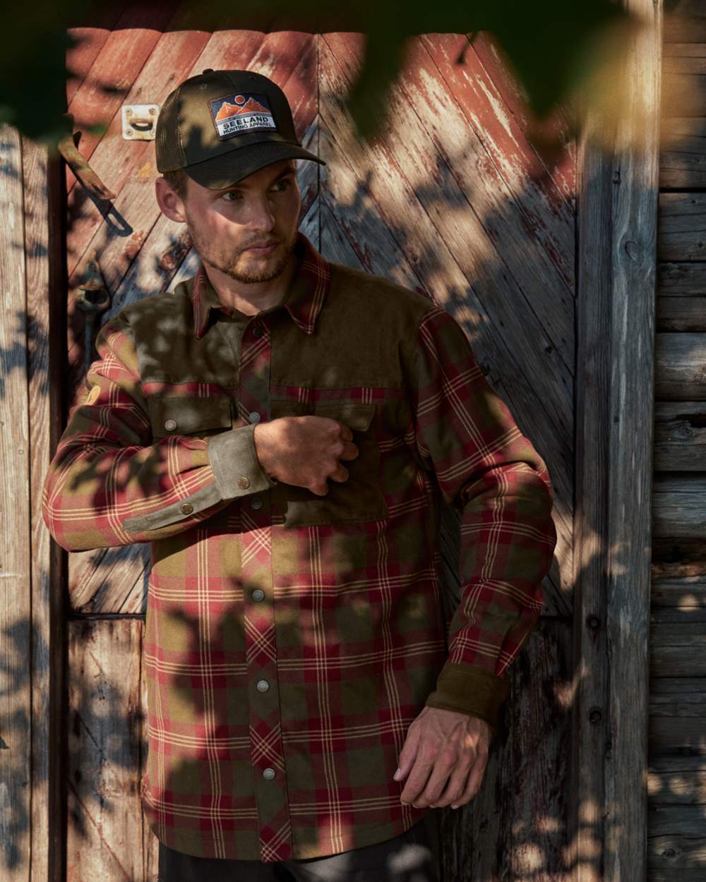 Red Check Coloured Seeland Vancouver Shirt on outdoor background #colour_red-check