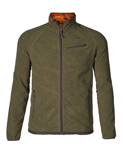 Pine Green InVis Orange Blaze Coloured Seeland Vantage Reversible Fleece Jacket on white background #colour_pine-green-invis-orange-blaze