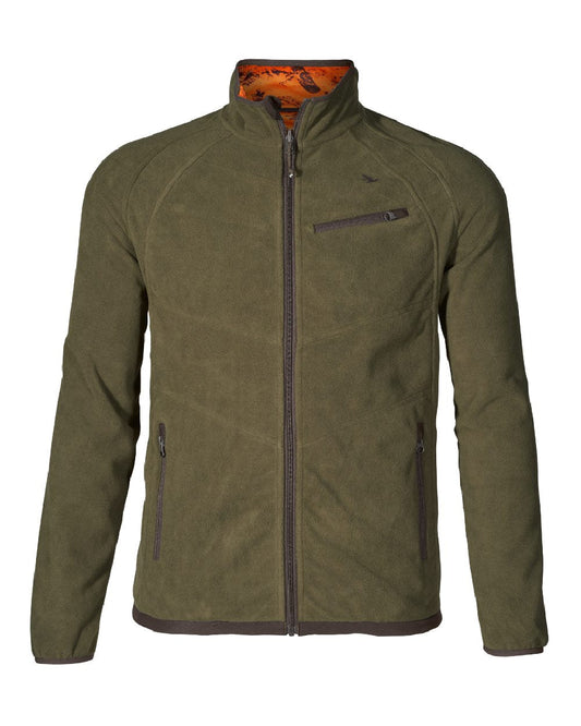 Pine Green InVis Orange Blaze Coloured Seeland Vantage Reversible Fleece Jacket on white background #colour_pine-green-invis-orange-blaze