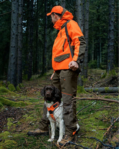 Pine Green Hi-Vis Orange Coloured Seeland Venture Rover Jacket on forest background #colour_pine-green-hi-vis-orange
