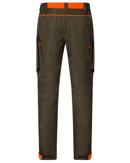 Pine Green Hi-Vis Orange Coloured Seeland Venture Trousers on white background #colour_pine-green-hi-vis-orange