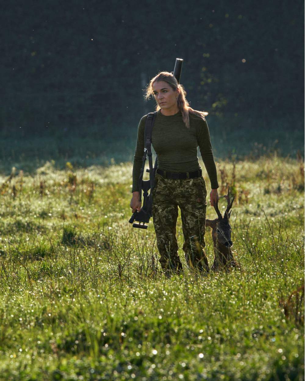 InVis MPC Green Coloured Seeland Womens Avail Camo Trousers on forest background #colour_invis-mpc-green