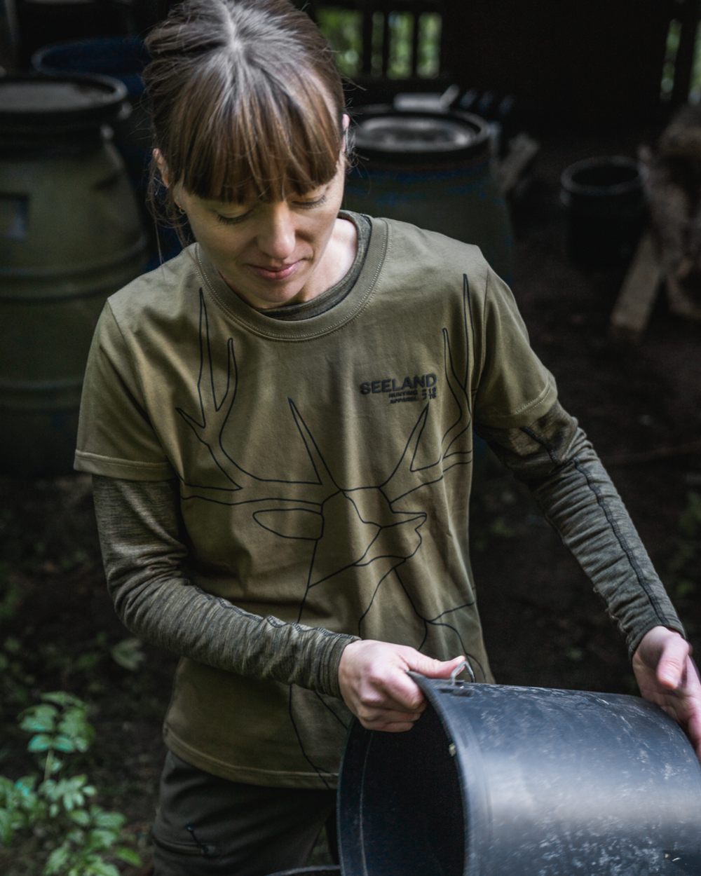 Military Olive Coloured Seeland Womens Deer On Line T-Shirt on outdoor background #colour_military-olive