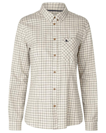 A women's long-sleeve button-down shirt in a beige and brown windowpane plaid pattern, featuring a chest pocket with a small bird logo and brown buttons. #colour_estate-blue-pine-green-check