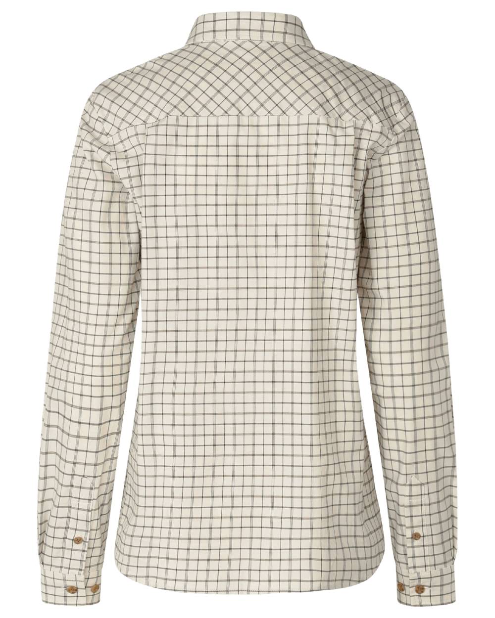 A long-sleeve button-up shirt with a beige and brown windowpane plaid pattern, shown from the back on a white background. #colour_estate-blue-pine-green-check