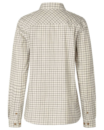 A long-sleeve button-up shirt with a beige and brown windowpane plaid pattern, shown from the back on a white background. #colour_estate-blue-pine-green-check