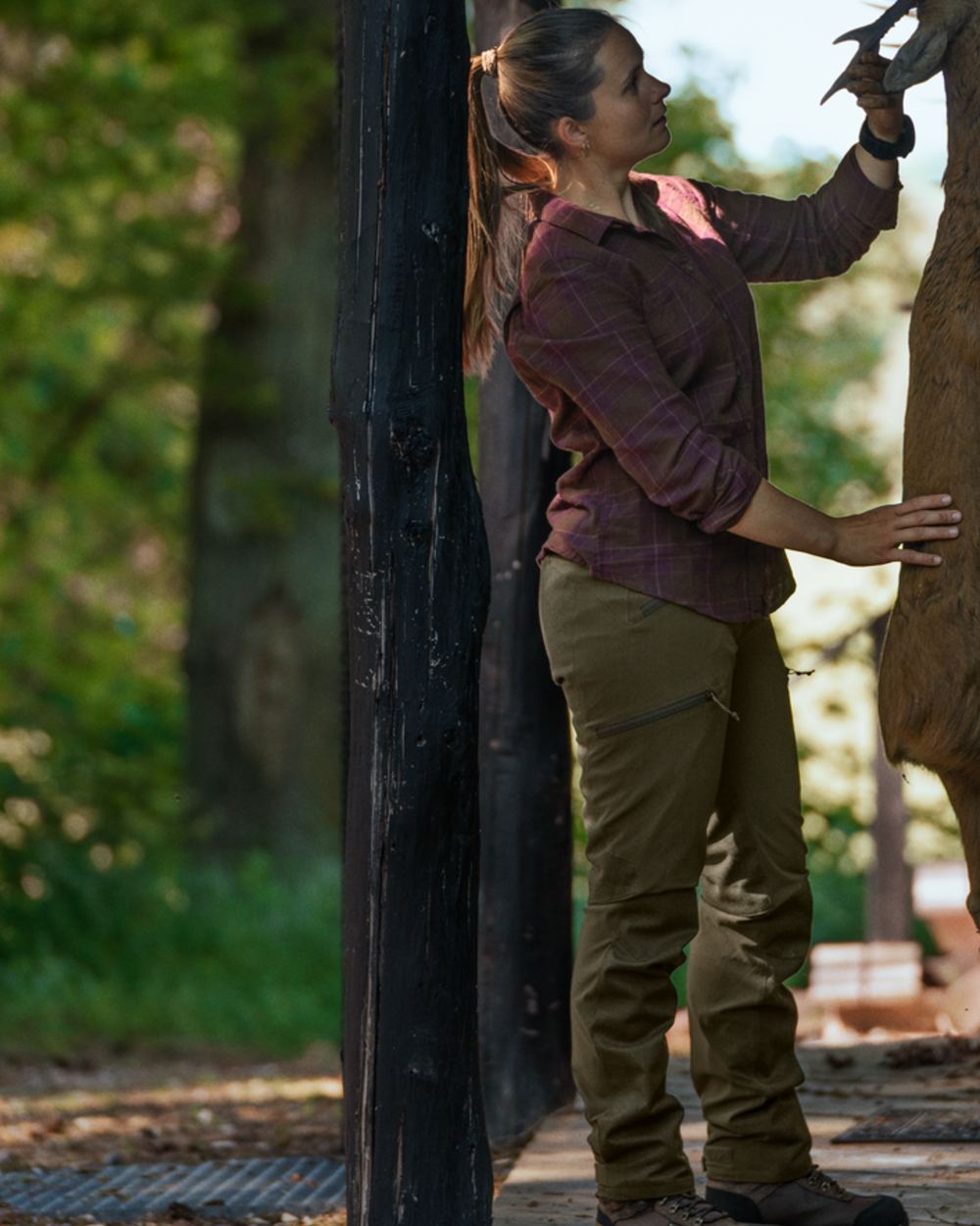 Pine Green coloured Seeland Womens Larch Membrane Trousers on forest background #colour_pine-green