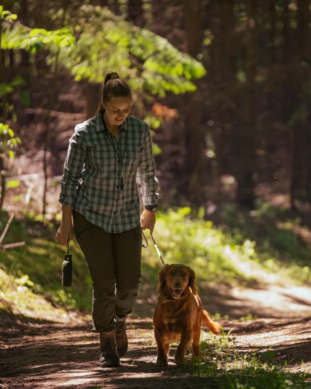 Pine Green coloured Seeland Womens Larch Stretch Trousers on forest background #colour_pine-green