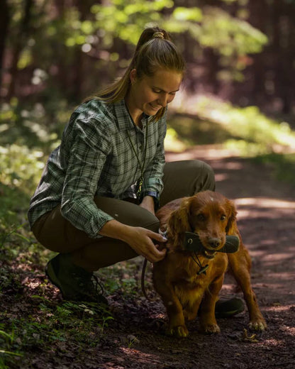 Pine Green coloured Seeland Womens Larch Stretch Trousers on forest background #colour_pine-green
