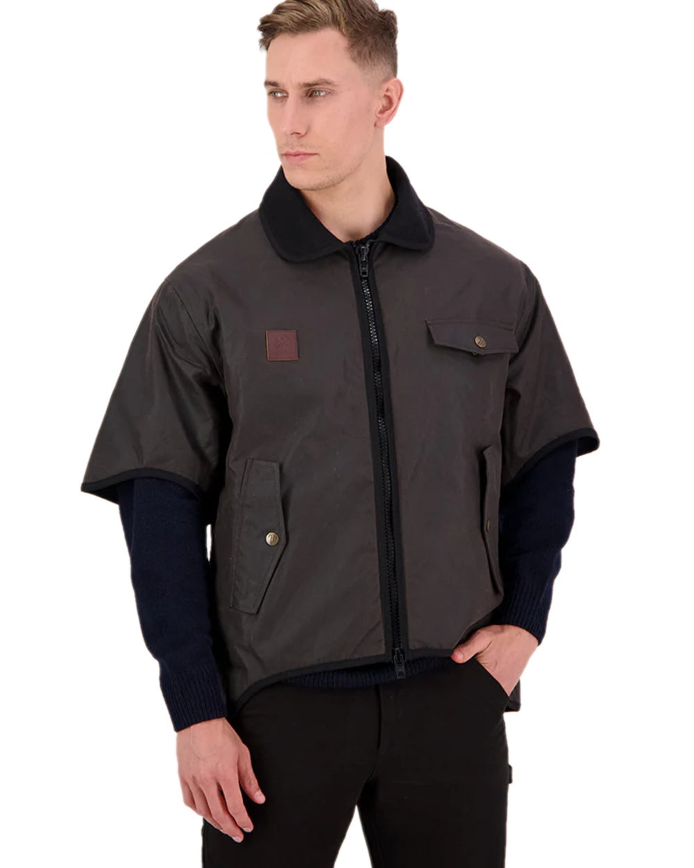 Brown Coloured Swanndri Mens 3/4 Sleeve Oilskin Jacket on white background #colour_brown