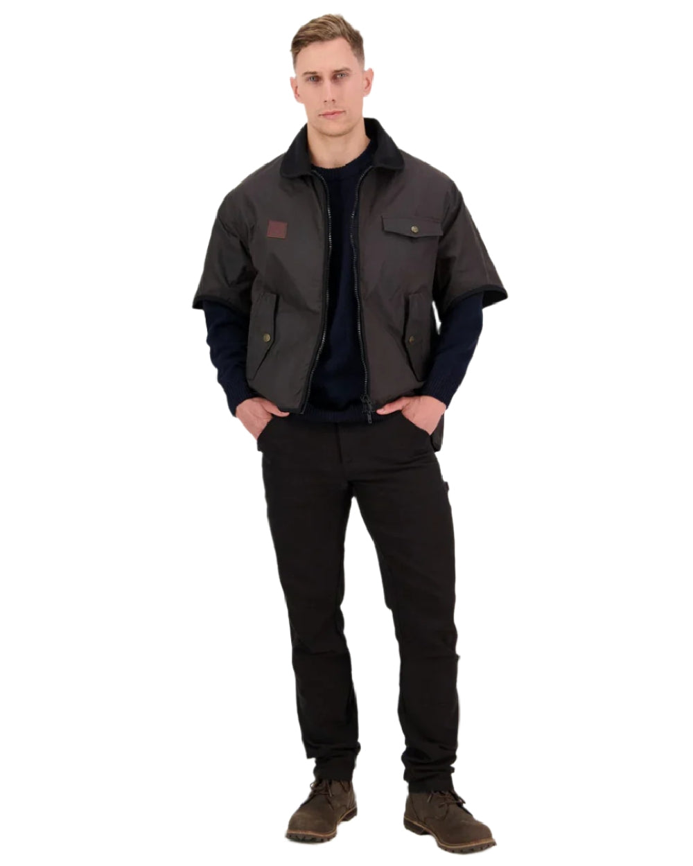 Brown Coloured Swanndri Mens 3/4 Sleeve Oilskin Jacket on white background #colour_brown