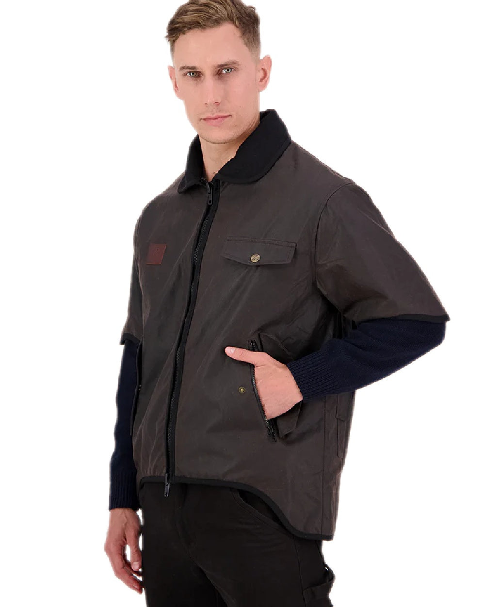 Brown Coloured Swanndri Mens 3/4 Sleeve Oilskin Jacket on white background #colour_brown