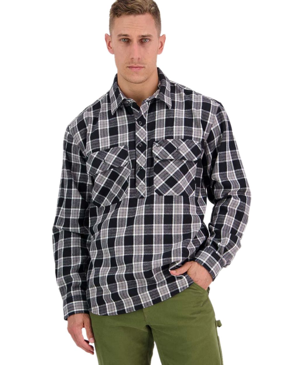 Black Coloured Swanndri Mens Barn Shirt on white background #colour_black
