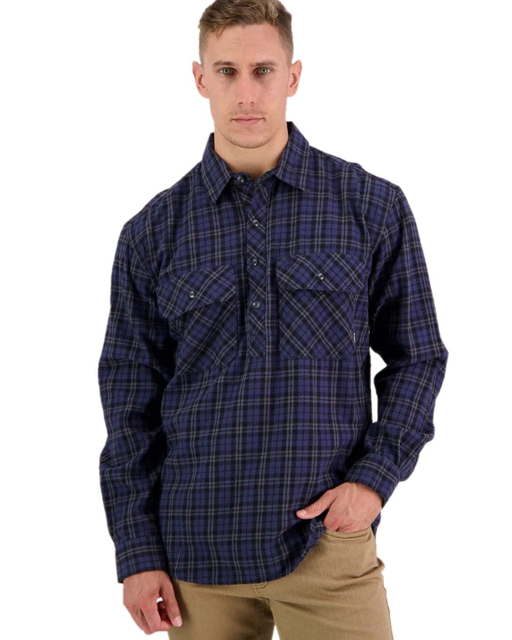 Blue Coloured Swanndri Mens Barn Shirt on white background #colour_blue