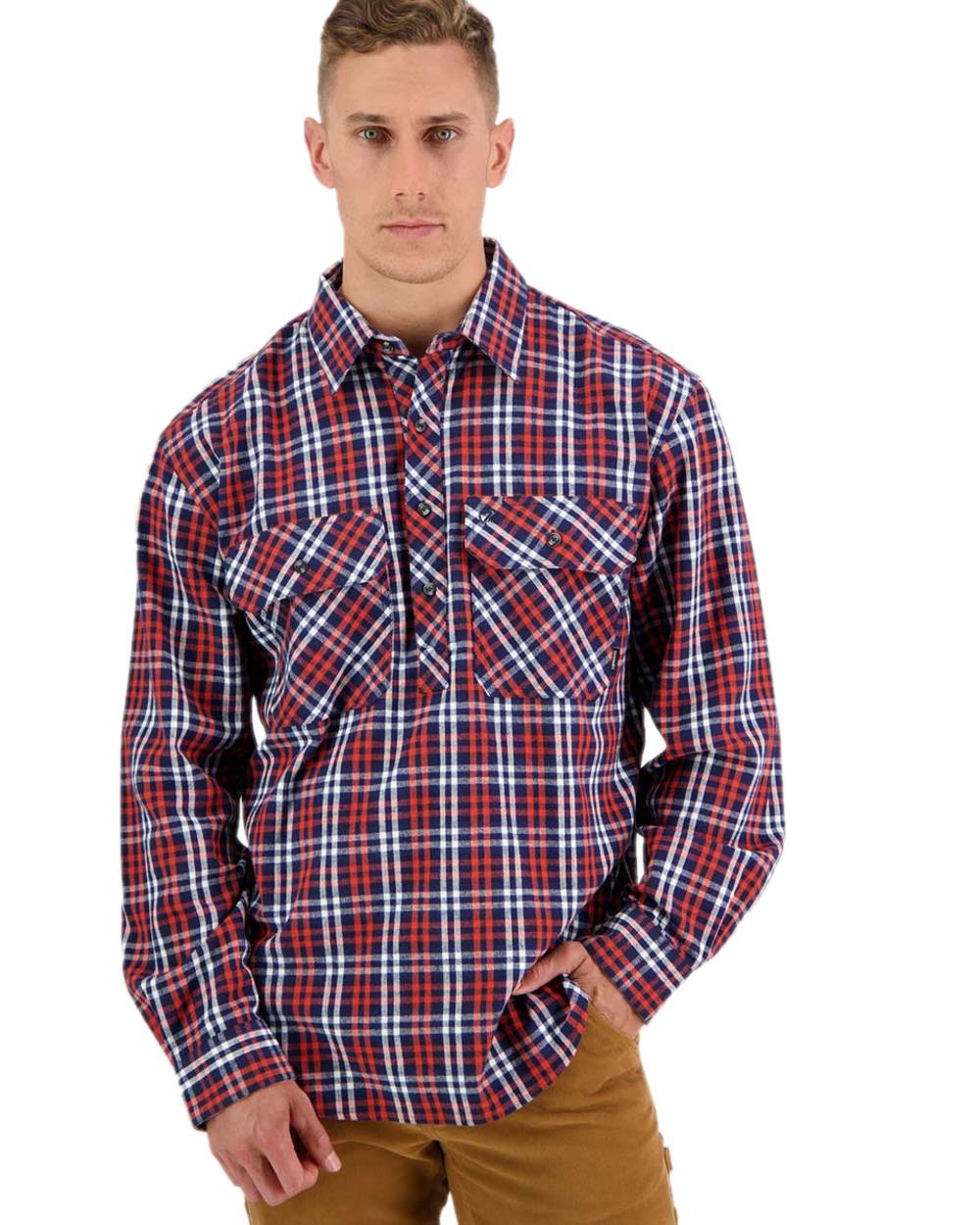 Orange Coloured Swanndri Mens Barn Shirt on white background #colour_orange
