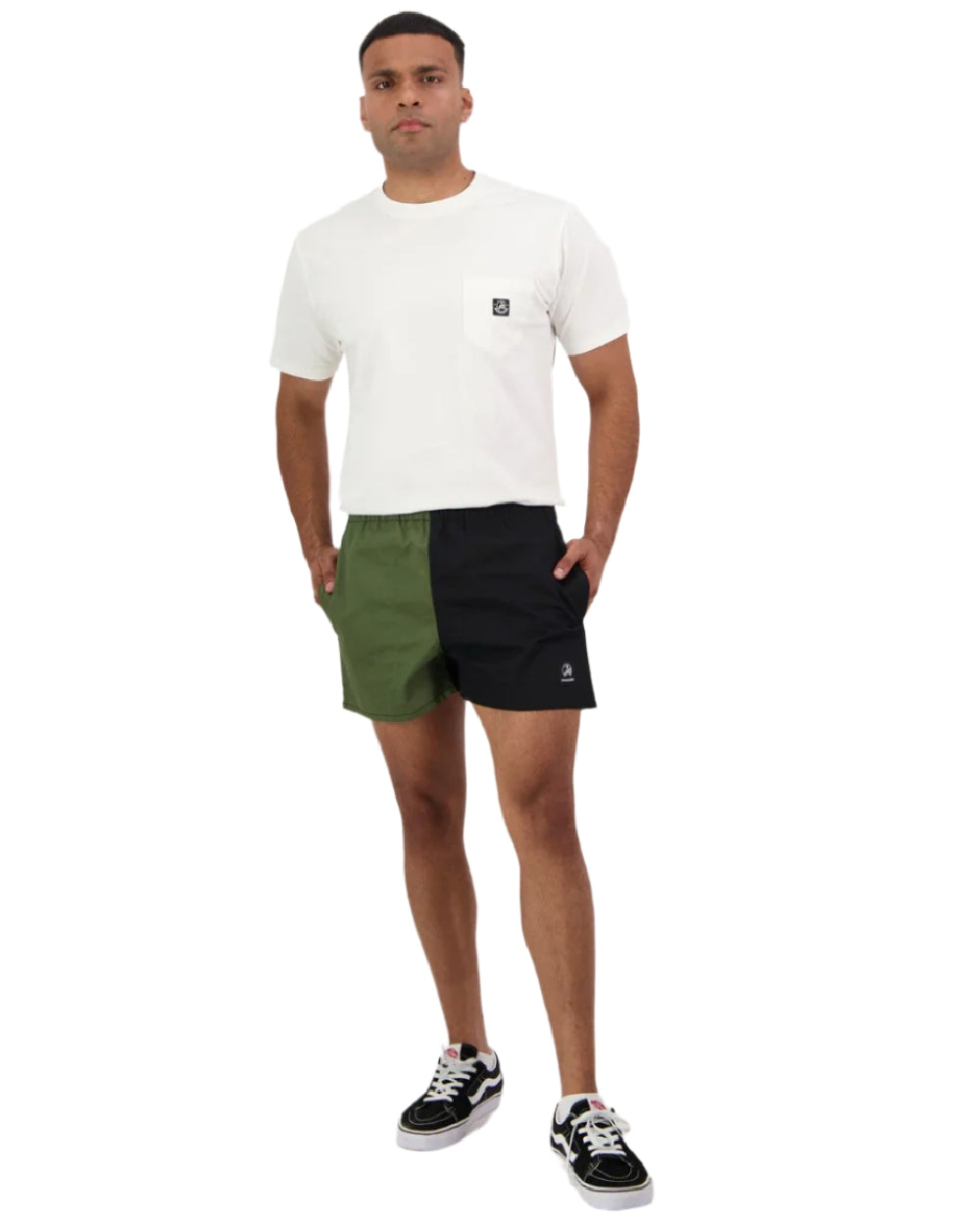 Olive Black Coloured Swanndri Mens Chequered Rugby Short on white background #colour_olive-black