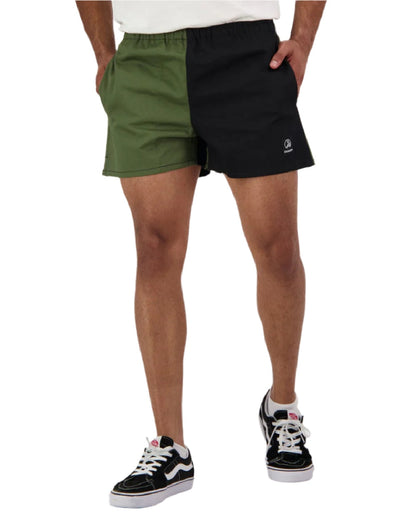 Olive Black Coloured Swanndri Mens Chequered Rugby Short on white background #colour_olive-black