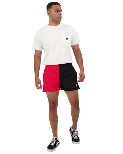Red Black Coloured Swanndri Mens Chequered Rugby Short on white background #colour_red-black