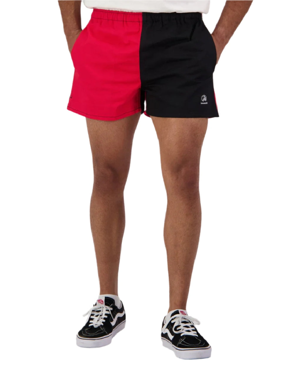 Red Black Coloured Swanndri Mens Chequered Rugby Short on white background #colour_red-black