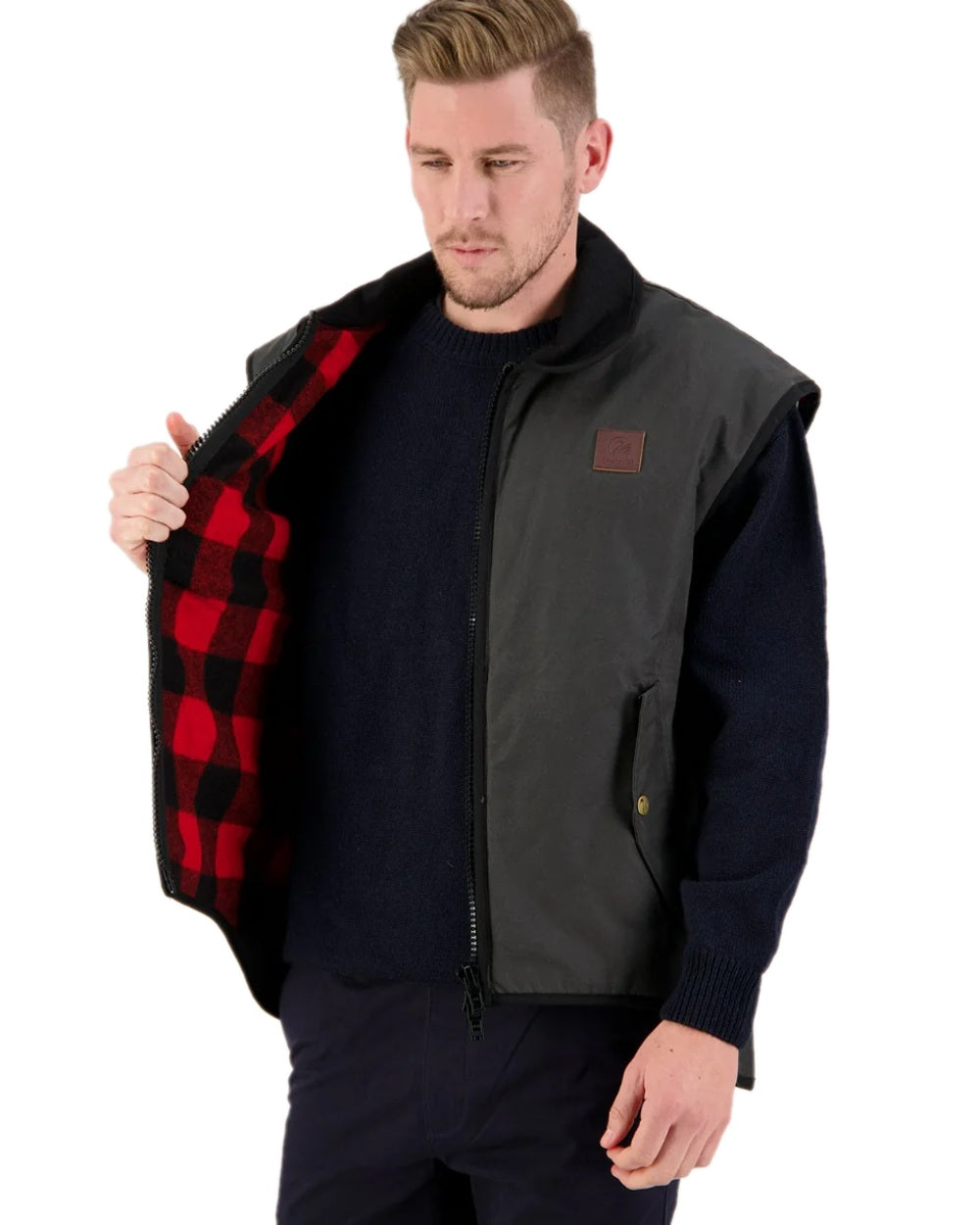 Brown Coloured Swanndri Mens Foxton Oilskin Vest with Wool Lining on white background #colour_brown