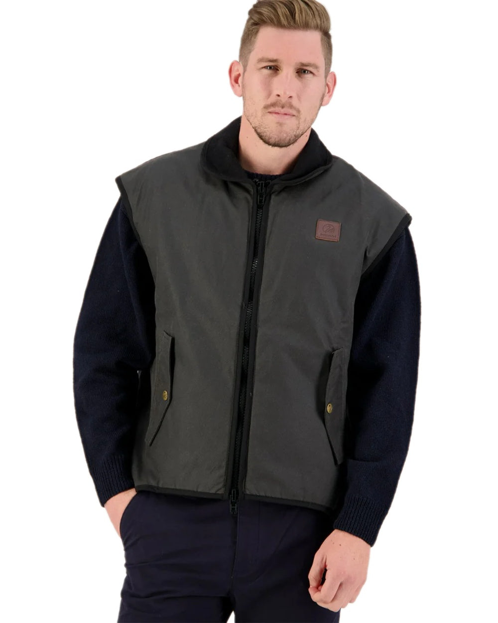Brown Coloured Swanndri Mens Foxton Oilskin Vest with Wool Lining on white background #colour_brown
