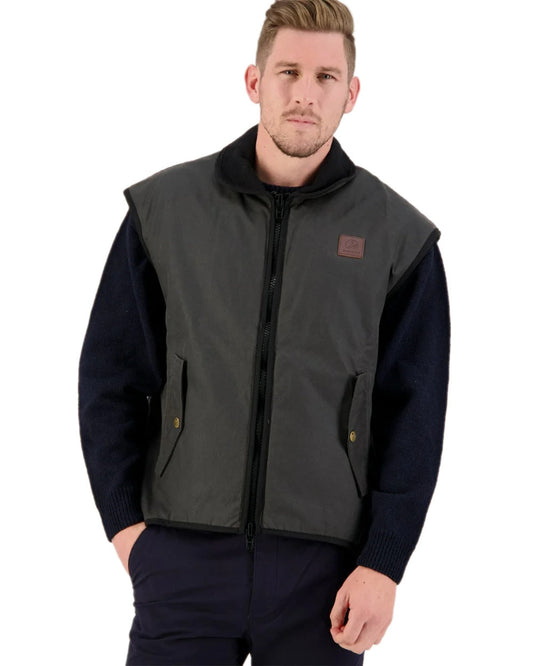 Brown Coloured Swanndri Mens Foxton Oilskin Vest with Wool Lining on white background #colour_brown