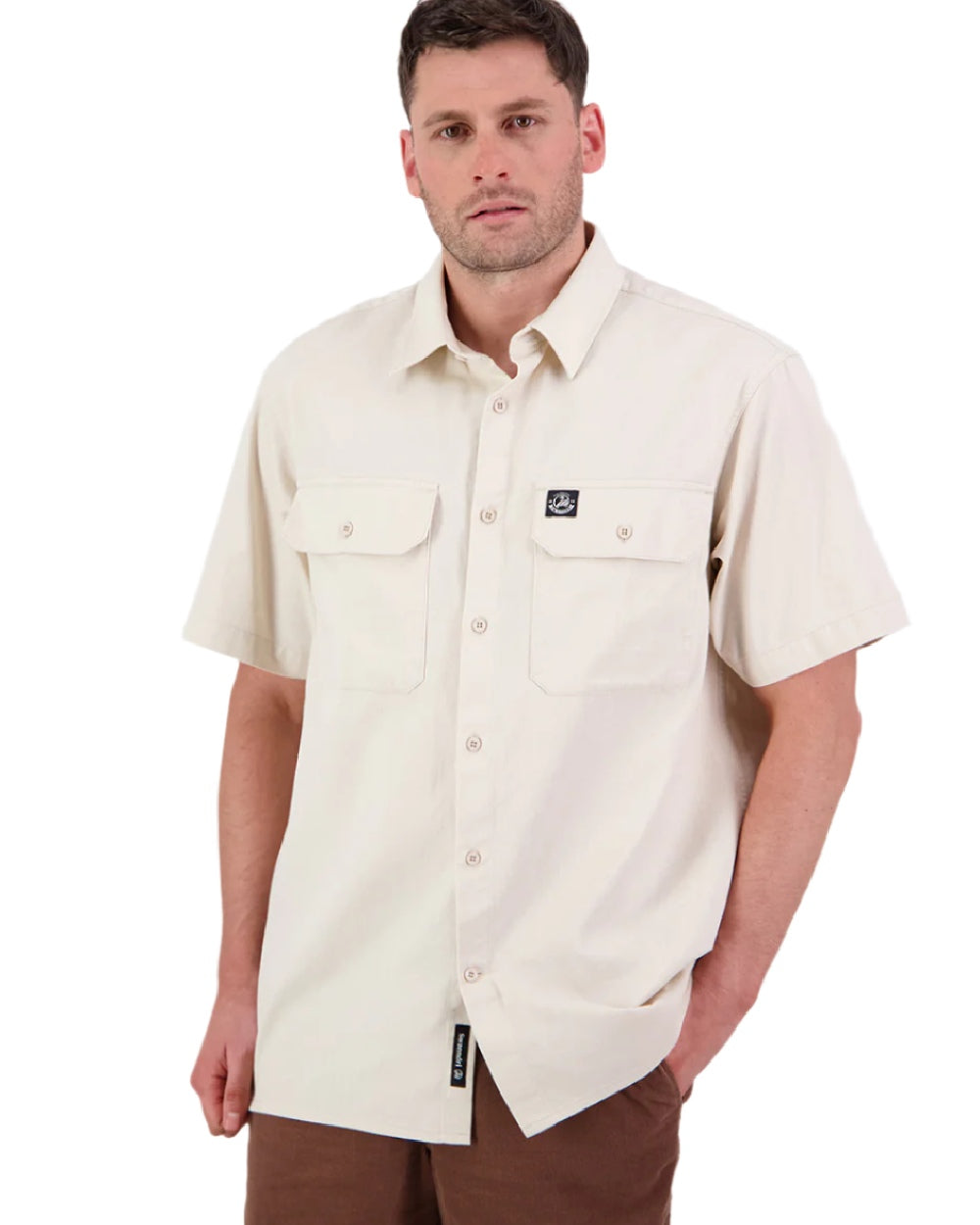 Light Taupe Coloured Swanndri Mens Fundamentals Short Sleeve Work Shirt on white background #colour_light-taupe