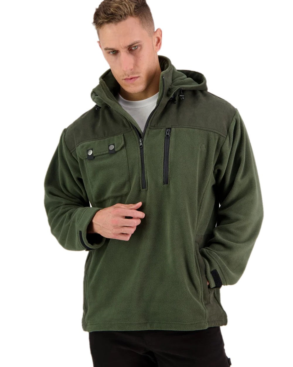 Olive Coloured Swanndri Mens High Rock Technical Fleece Hoodie on white background #colour_olive