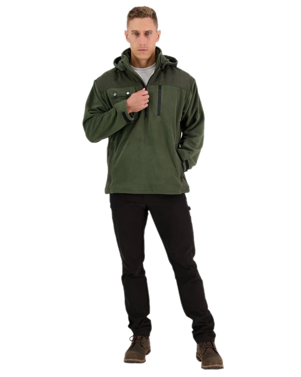 Olive Coloured Swanndri Mens High Rock Technical Fleece Hoodie on white background #colour_olive