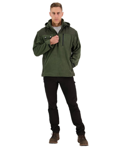 Olive Coloured Swanndri Mens High Rock Technical Fleece Hoodie on white background #colour_olive