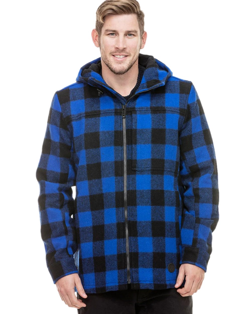Blue Black Check Coloured Swanndri Mens Hudson Wool Hoodie on white background #colour_blue-black-check