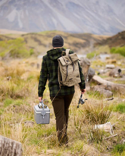 Olive Black Check Coloured Swanndri Mens Hudson Wool Hoodie on mountain background #colour_olive-black-check