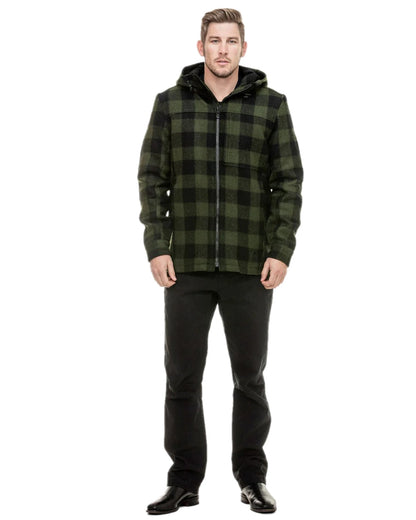 Olive Black Check Coloured Swanndri Mens Hudson Wool Hoodie on white background #colour_olive-black-check
