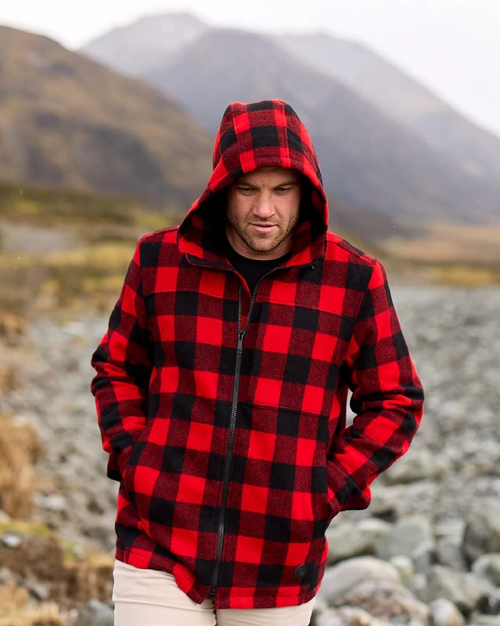 Red Black Check Coloured Swanndri Mens Hudson Wool Hoodie on mountain background #colour_red-black-check