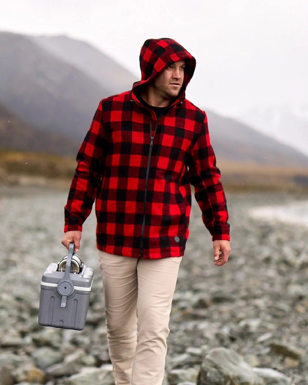 Red Black Check Coloured Swanndri Mens Hudson Wool Hoodie on mountain background #colour_red-black-check
