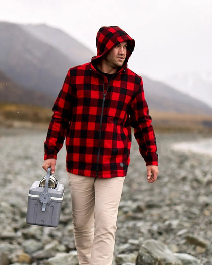 Red Black Check Coloured Swanndri Mens Hudson Wool Hoodie on mountain background #colour_red-black-check