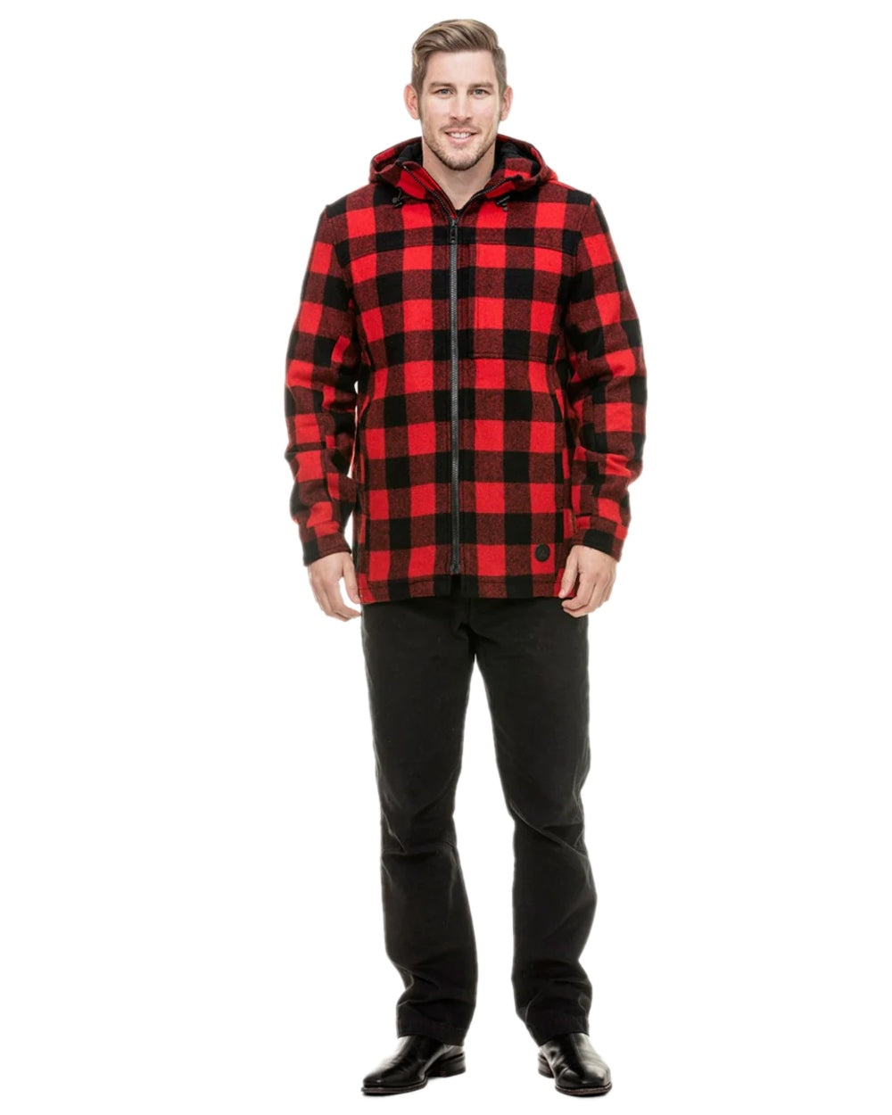 Red Black Check Coloured Swanndri Mens Hudson Wool Hoodie on white background #colour_red-black-check