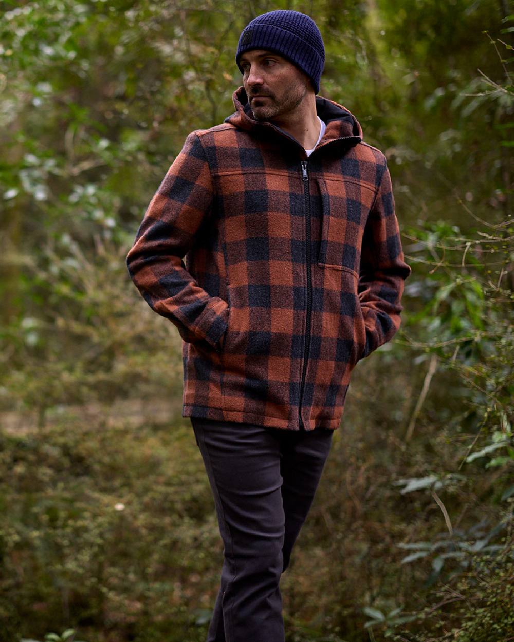 Shadow Rusty Check Coloured Swanndri Mens Hudson Wool Hoodie on outdoor background #colour_shadow-rusty-check
