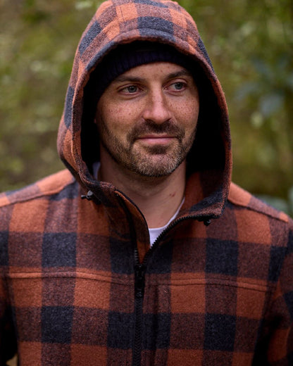 Shadow Rusty Check Coloured Swanndri Mens Hudson Wool Hoodie on outdoor background #colour_shadow-rusty-check
