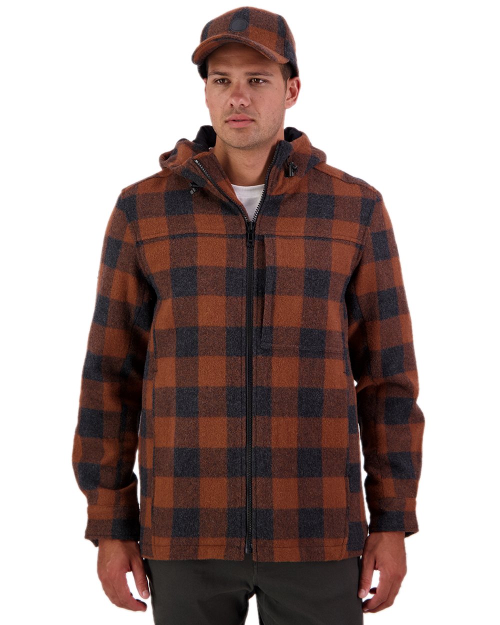 Shadow Rusty Check Coloured Swanndri Mens Hudson Wool Hoodie on white background #colour_shadow-rusty-check
