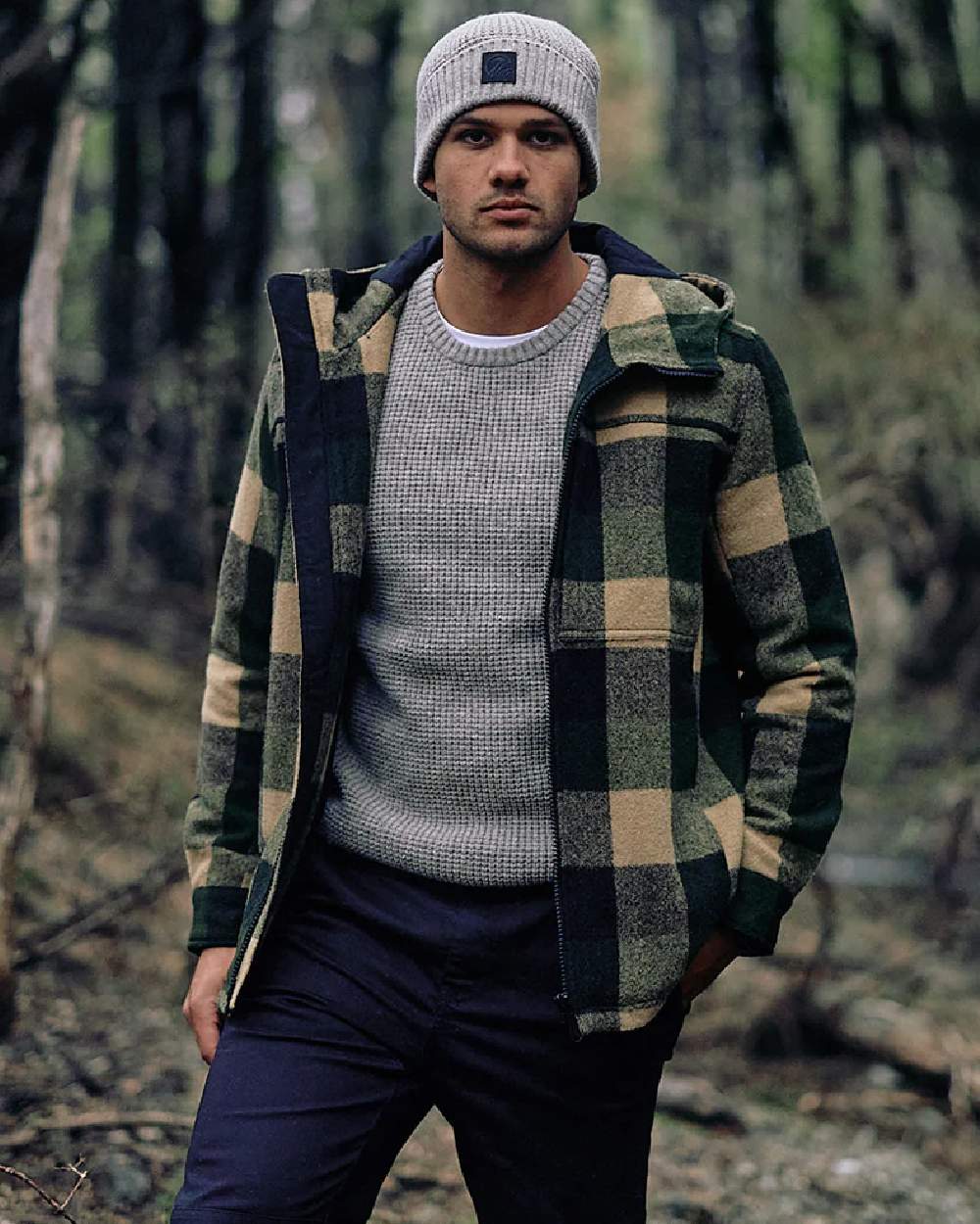 Yellowstone Check Coloured Swanndri Mens Hudson Wool Hoodie on outdoor background #colour_yellowstone-check