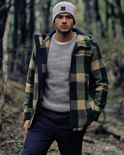 Yellowstone Check Coloured Swanndri Mens Hudson Wool Hoodie on outdoor background #colour_yellowstone-check