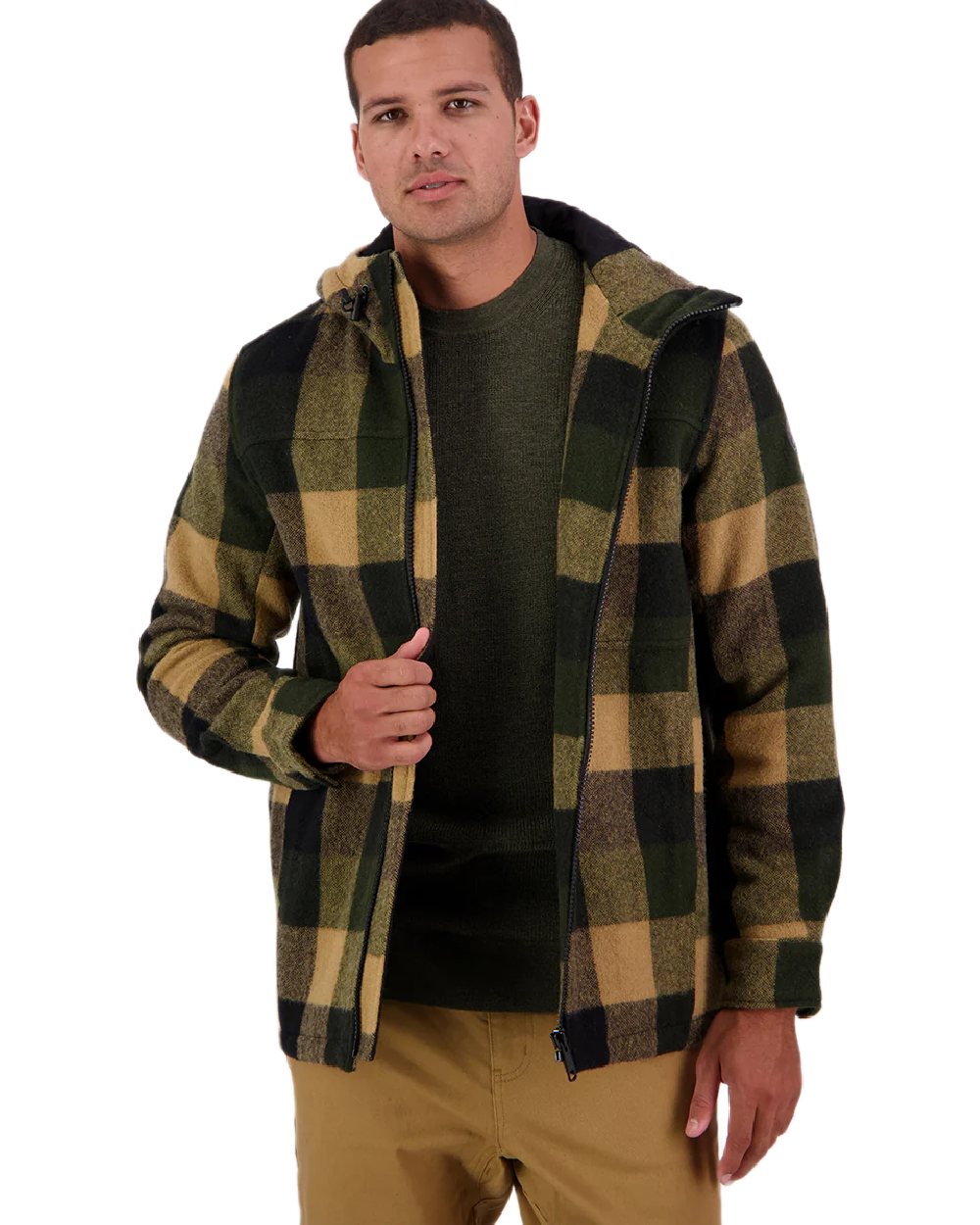 Yellowstone Check Coloured Swanndri Mens Hudson Wool Hoodie on white background #colour_yellowstone-check