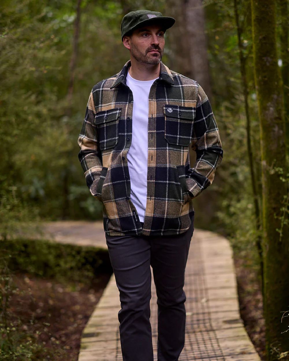 Denver Check Coloured Swanndri Mens Kiaraki V3 Wool Shacket on outdoor background #colour_denver-check